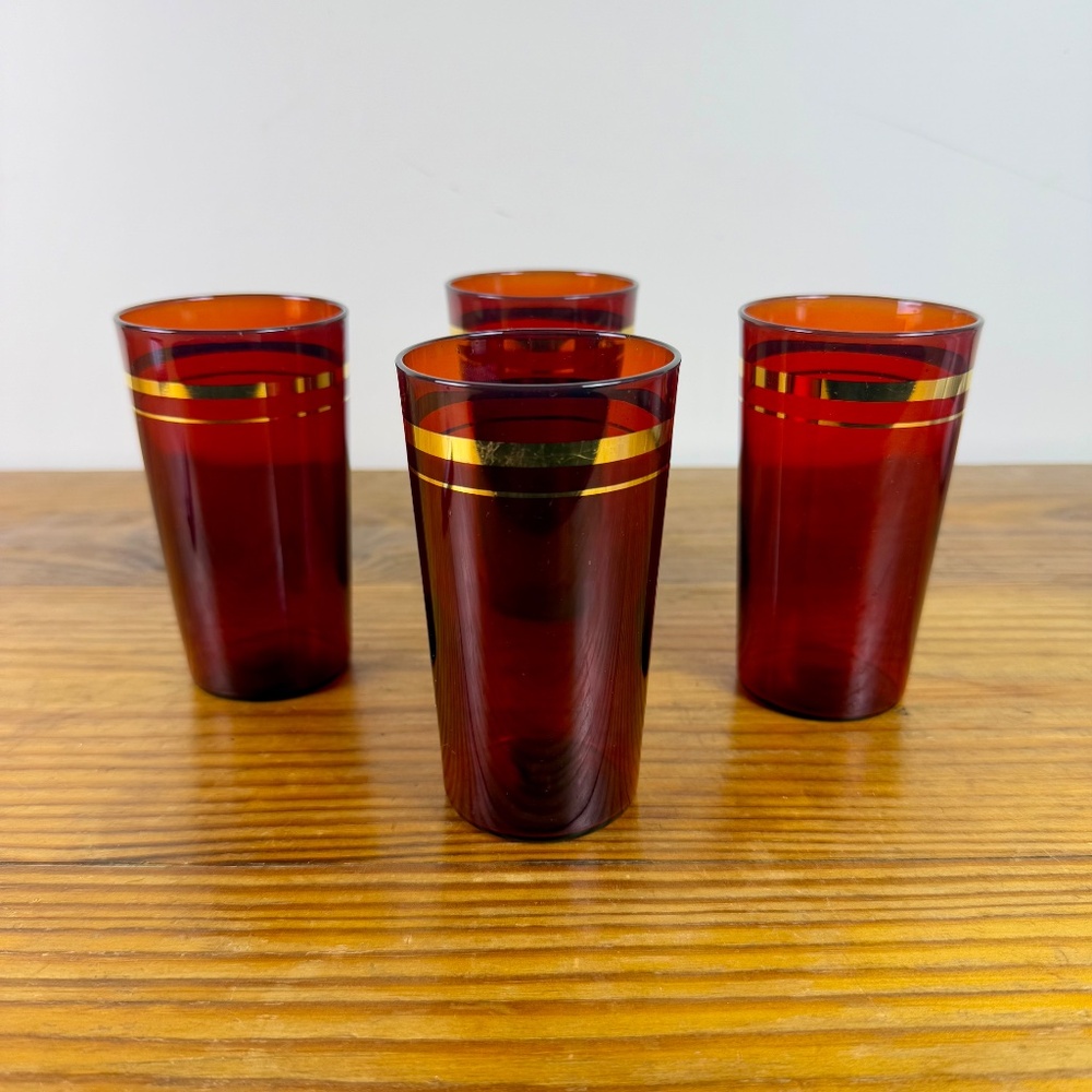 Vintage Ruby Red Glass Tumblers with Gold Design – Set of 4 - Picture 14 of 16